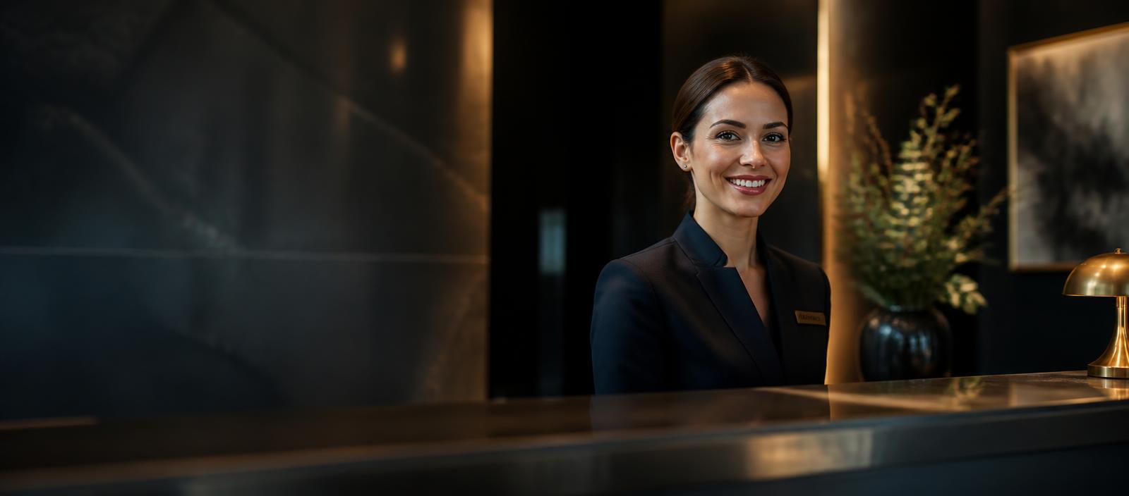 Concierge sorridente atendendo na recepção do edifício