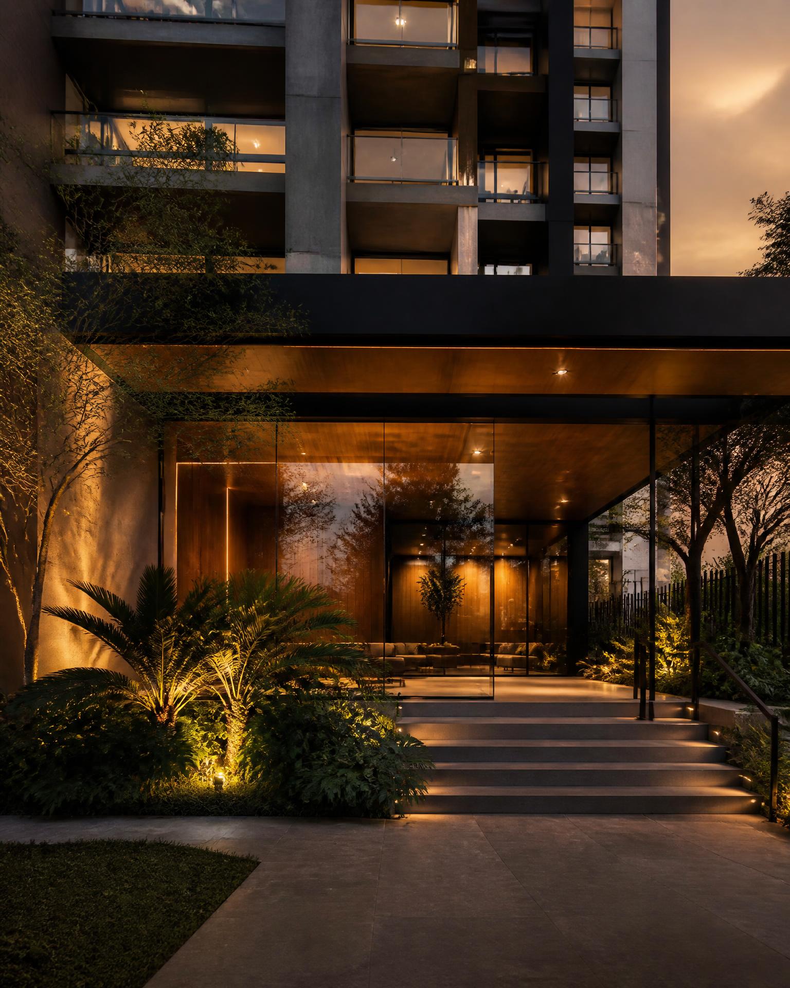 Entrada iluminada de um edifício residencial contemporâneo ao entardecer